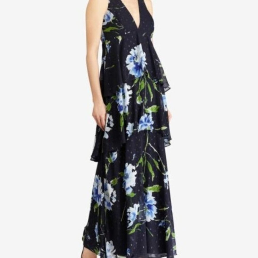 Lauren Ralph Lauren Dress Women's 10 Navy Blue Floral Tiered Empire Waist Maxi
